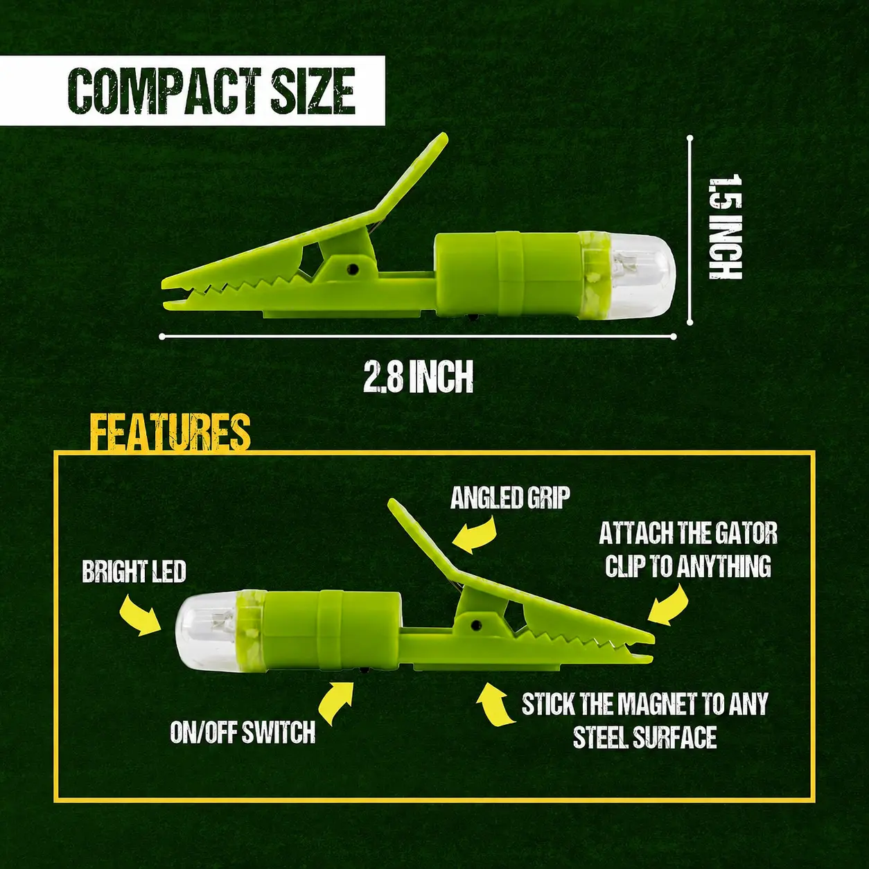 Gator Eyes compact size and features diagram showing 2.8 inch length, 1.5 inch height, bright LED, on-off switch, clip, and magnet